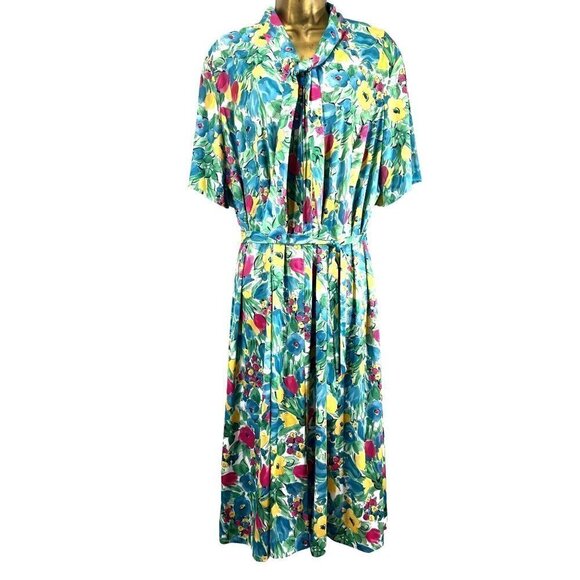 Vintage Tribute Floral Shirtdress Matching Ribbon Tie & Belt 46Waist Made in USA - Picture 1 of 5